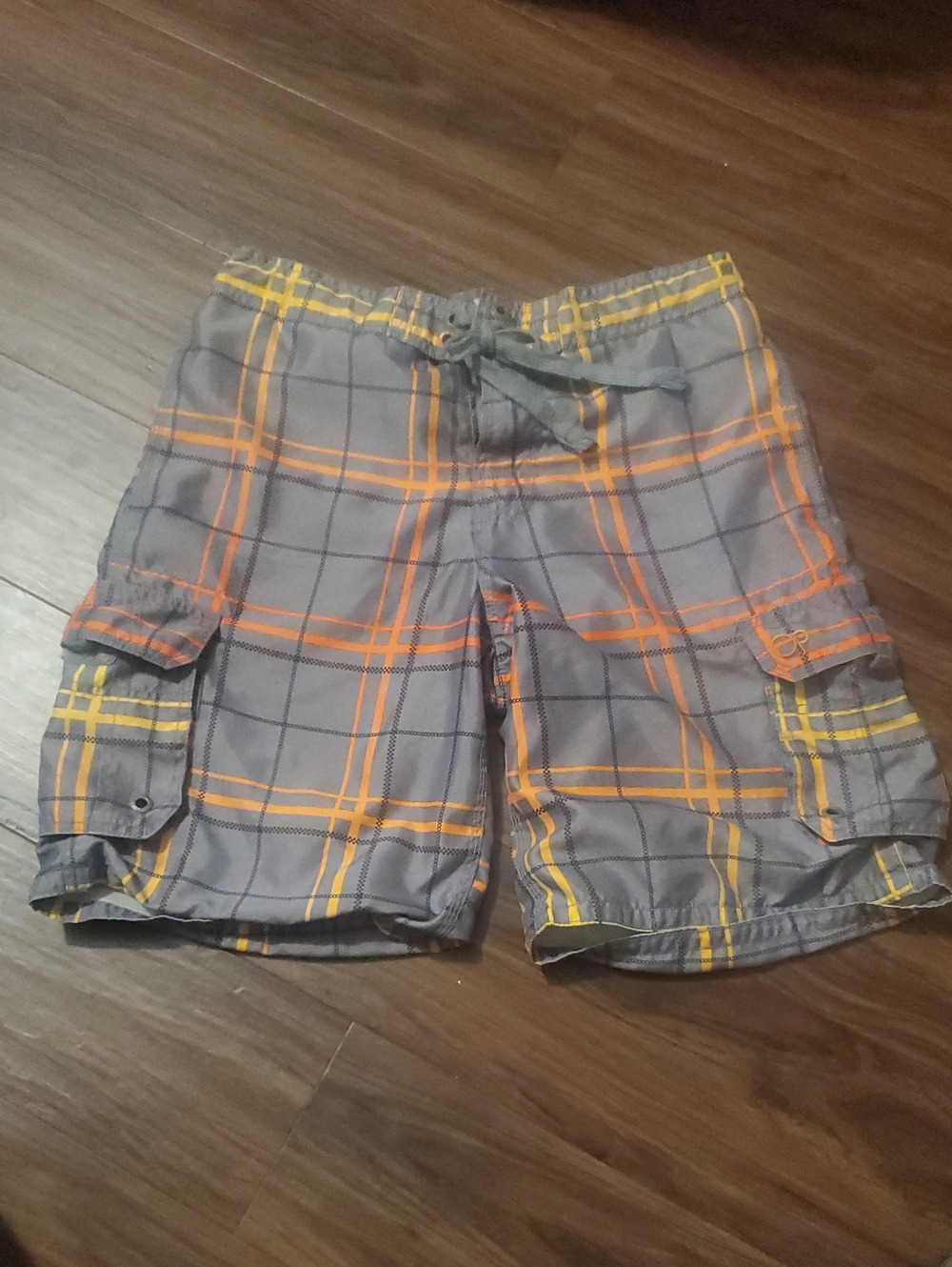 OP Men's Gray Plaid Cargo Shorts with Orange & Yellow Stripes